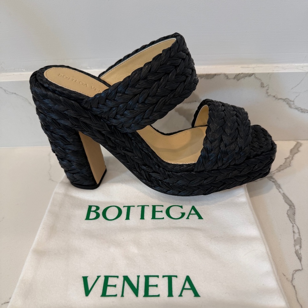 Bottega Veneta Trinity Weave Platform Mule Sandals, Black Raffia, Size 41